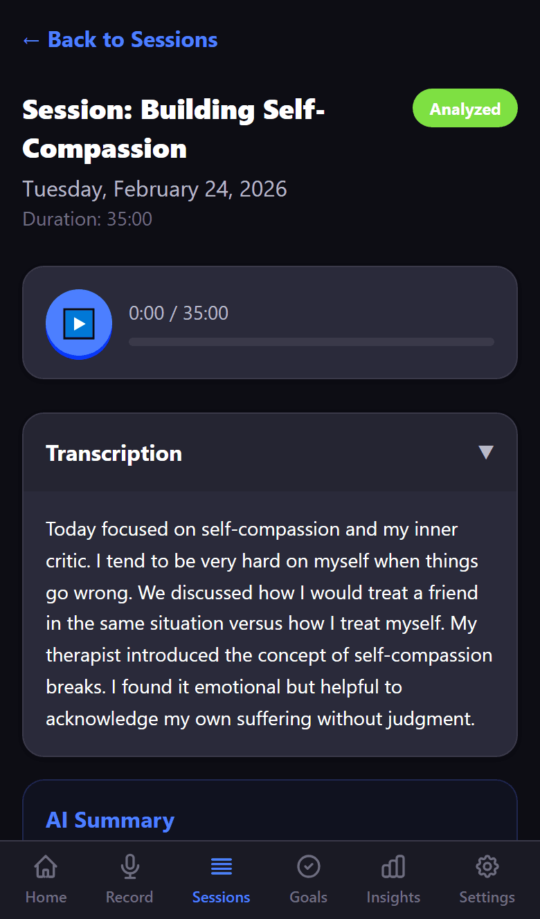 Session detail showing transcription, summary, themes, and goals