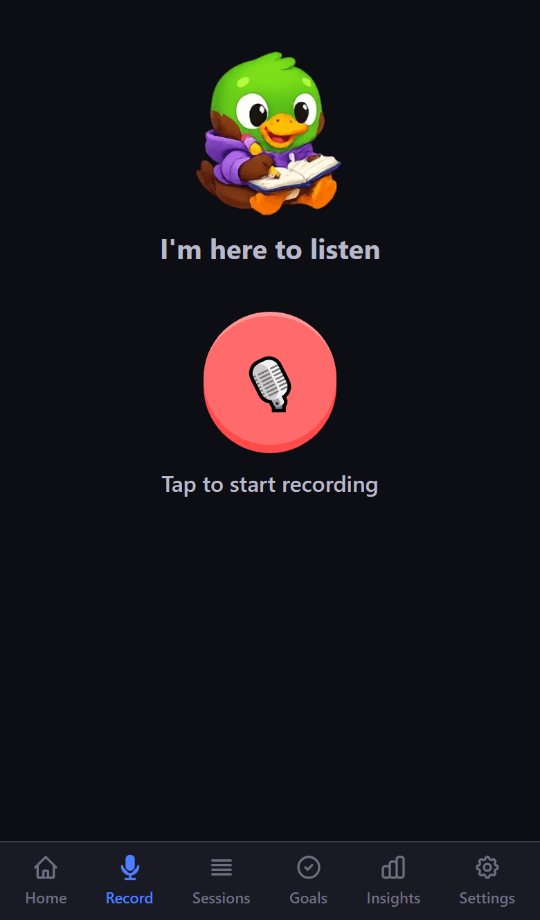 Recording screen showing a microphone button to capture your thoughts