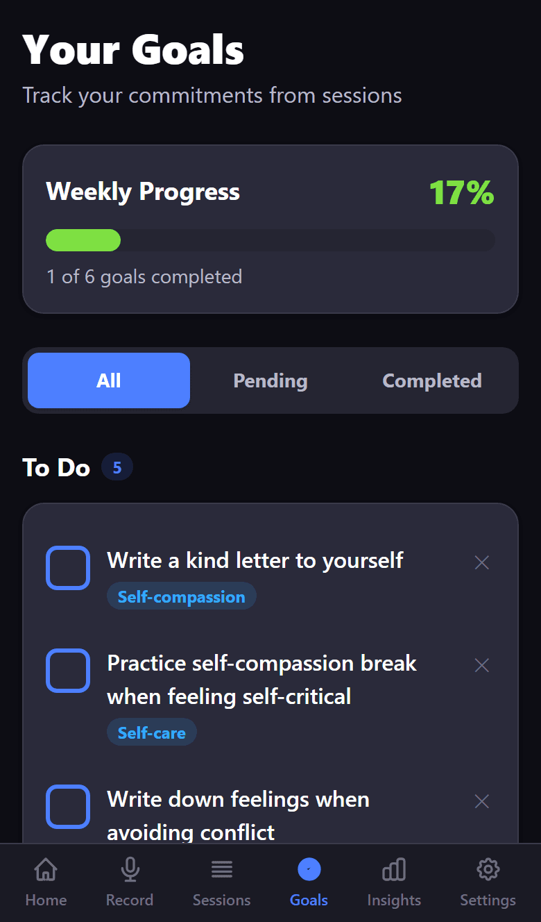 Goals page showing weekly progress bar and categorized therapy goals